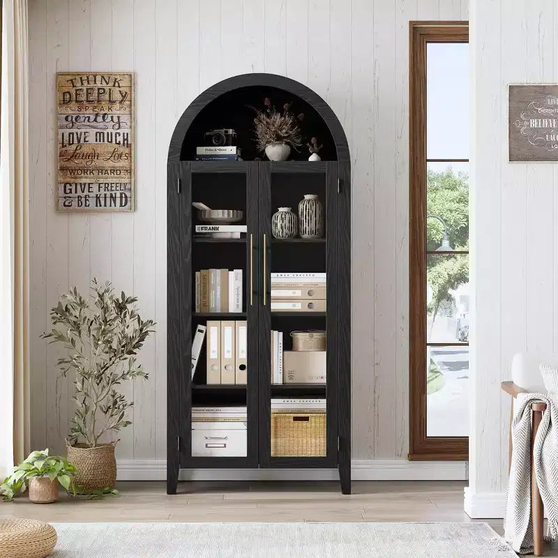 63.2 Arched Kitchen Pantry Storage Cabinet - Farmhouse 5 Tier Display Shelf with 2 Large Glass Doors, for Kitchen, Dining Room, Living Room