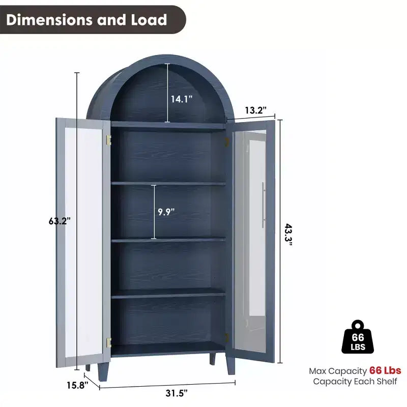 63.2 Arched Kitchen Pantry Storage Cabinet - Farmhouse 5 Tier Display Shelf with 2 Large Glass Doors, for Kitchen, Dining Room, Living Room