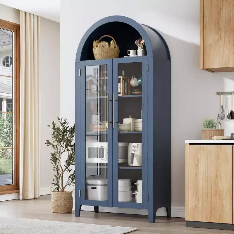63.2 Arched Kitchen Pantry Storage Cabinet - Farmhouse 5 Tier Display Shelf with 2 Large Glass Doors, for Kitchen, Dining Room, Living Room