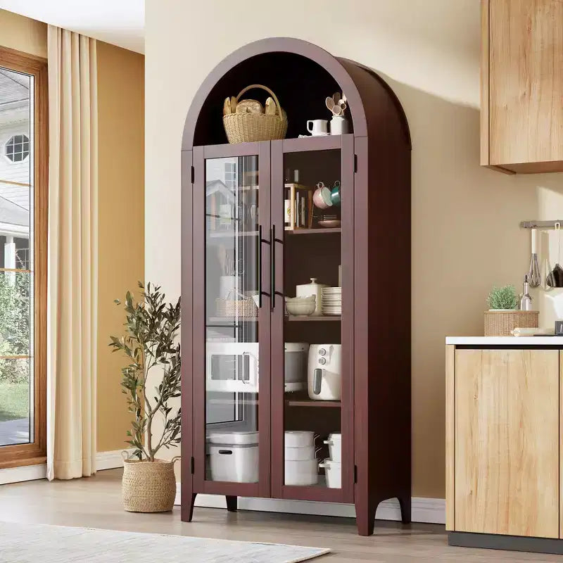 63.2 Arched Kitchen Pantry Storage Cabinet - Farmhouse 5 Tier Display Shelf with 2 Large Glass Doors, for Kitchen, Dining Room, Living Room