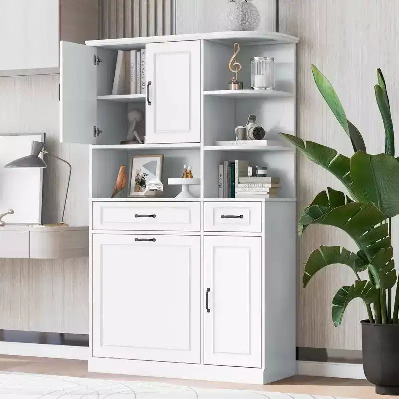 Armoire de rangement haute sur pied blanche Tiroirs Portes Étagères réglables Tiroir rabattable MDF