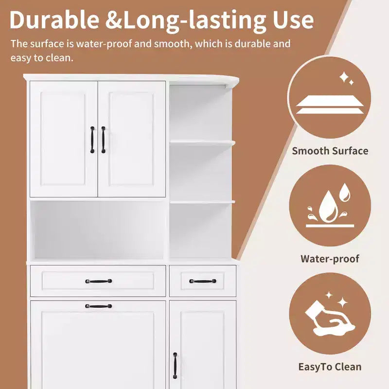White Tall Freestanding Storage Cabinet Drawers Doors Adjustable Shelves Flip Drawer MDF