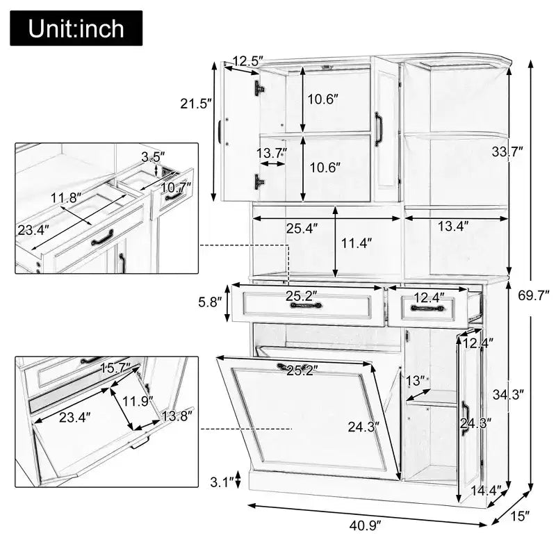 Armoire de rangement haute sur pied blanche Tiroirs Portes Étagères réglables Tiroir rabattable MDF