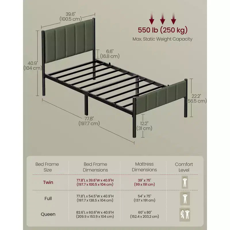 Twin Bed Frame with Upholstered Headboard