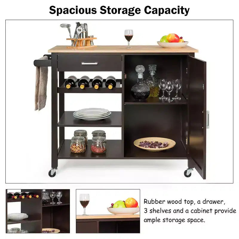 4-Tier Wood Kitchen Island Trolley Cart Storage Cabinet w/ Rack & Drawer