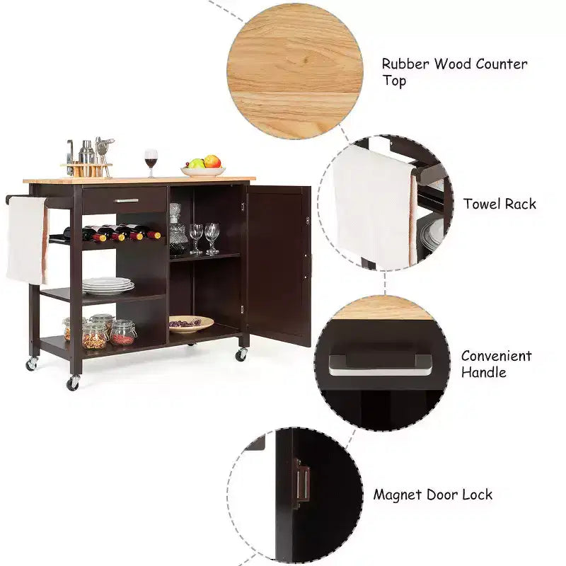 4-Tier Wood Kitchen Island Trolley Cart Storage Cabinet w/ Rack & Drawer