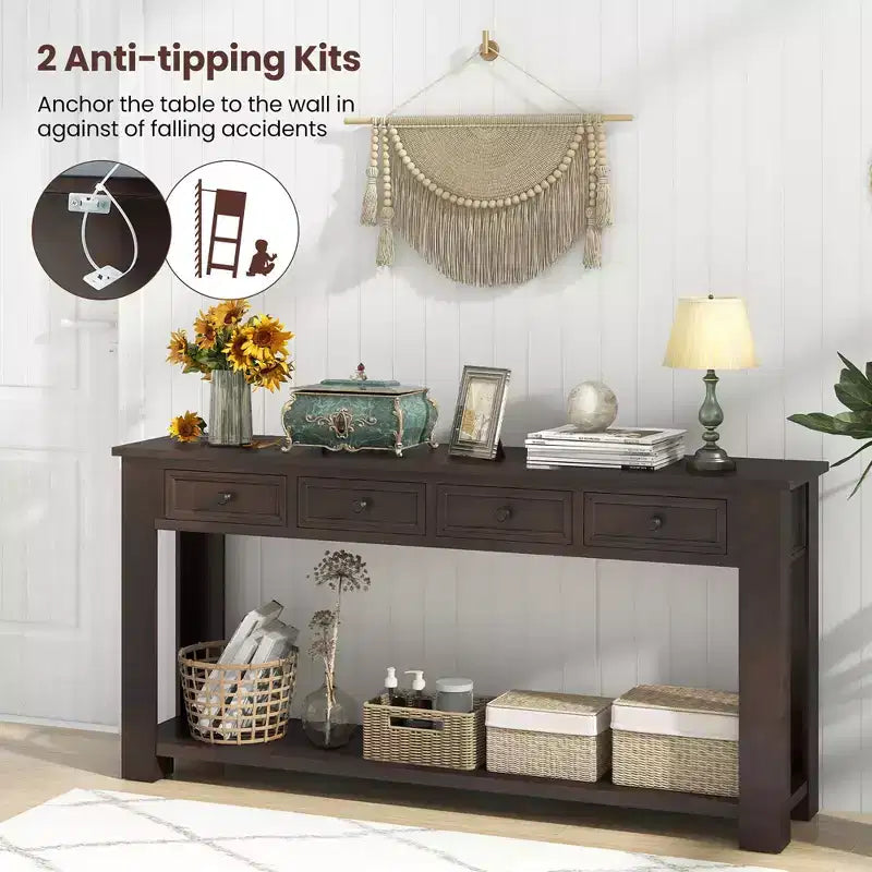 63 Farmhouse Entryway Table with 4 Storage Drawers and Open Shelf Espresso