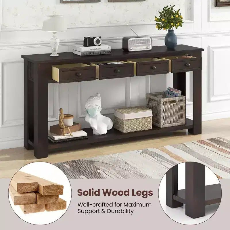 63 Farmhouse Entryway Table with 4 Storage Drawers and Open Shelf Espresso