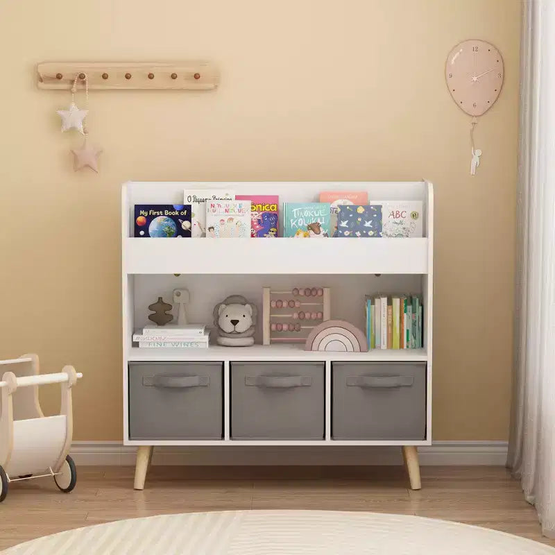Kids Bookshelf with 3 Fabric Bins, Modern Children's Bookcase with Storage for Toys and Books, Toddler Book Organizer Shelf for Playroom