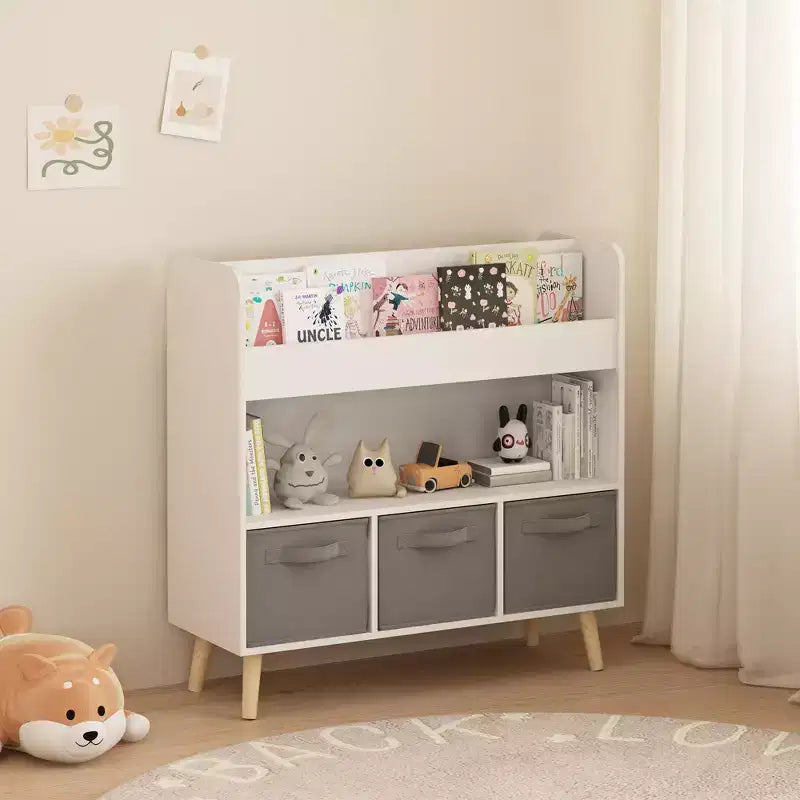 Kids Bookshelf with 3 Fabric Bins, Modern Children's Bookcase with Storage for Toys and Books, Toddler Book Organizer Shelf for Playroom