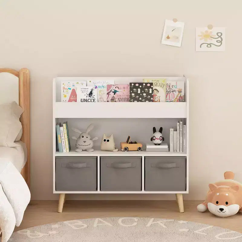 Kids Bookshelf with 3 Fabric Bins, Modern Children's Bookcase with Storage for Toys and Books, Toddler Book Organizer Shelf for Playroom