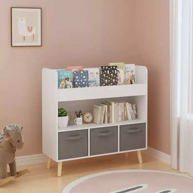 Kids Bookshelf with 3 Fabric Bins, Modern Children's Bookcase with Storage for Toys and Books, Toddler Book Organizer Shelf for Playroom