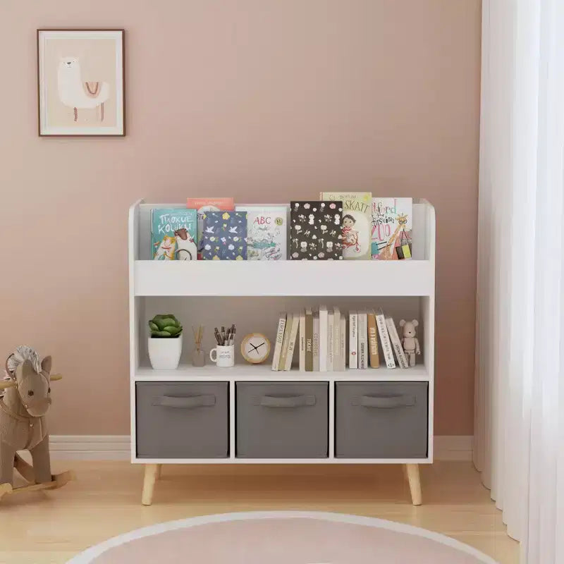 Kids Bookshelf with 3 Fabric Bins, Modern Children's Bookcase with Storage for Toys and Books, Toddler Book Organizer Shelf for Playroom