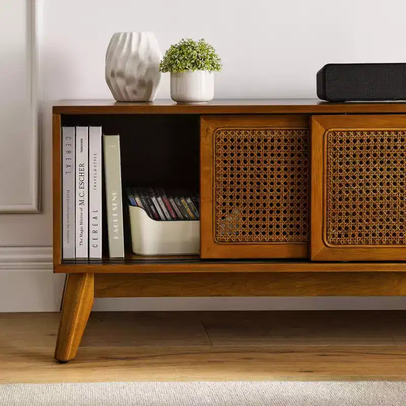 59-inch Mid-Century Modern Rattan Media Console for 65-inch TVs, Solid Wood Base with Rattan Cabinet Doors - Light Wood