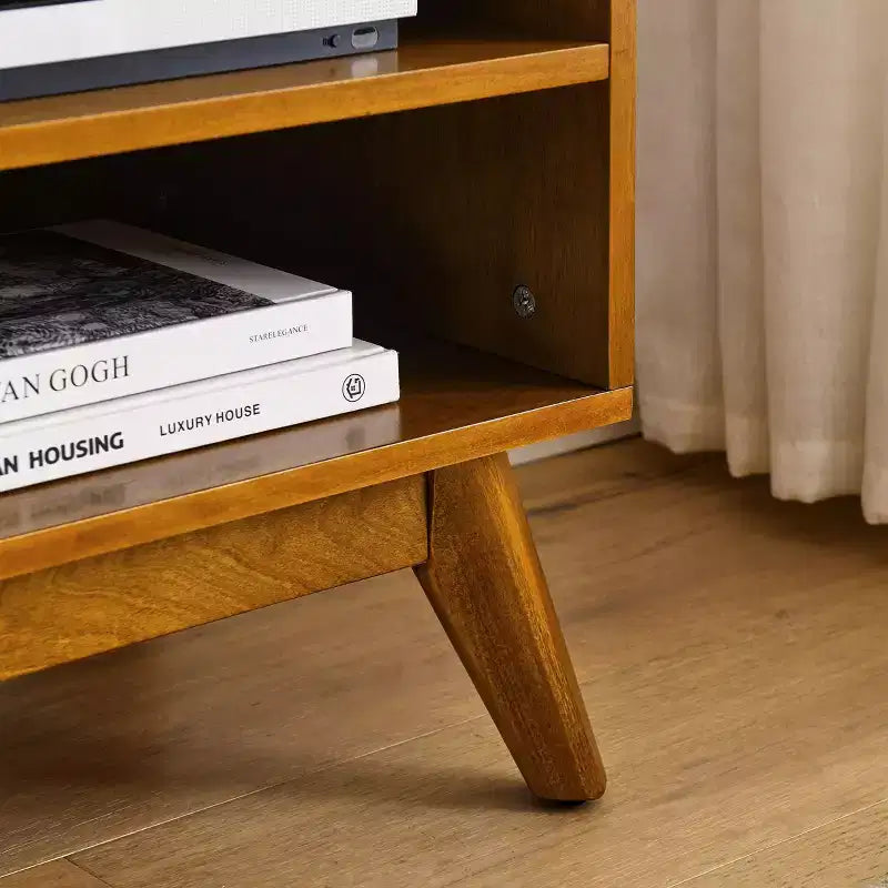 59-inch Mid-Century Modern Rattan Media Console for 65-inch TVs, Solid Wood Base with Rattan Cabinet Doors - Light Wood