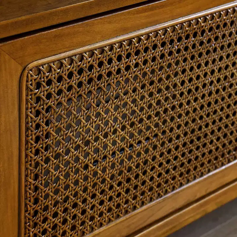59-inch Mid-Century Modern Rattan Media Console for 65-inch TVs, Solid Wood Base with Rattan Cabinet Doors - Light Wood