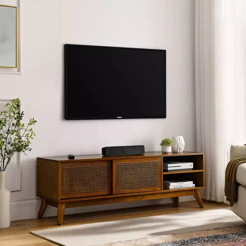 59-inch Mid-Century Modern Rattan Media Console for 65-inch TVs, Solid Wood Base with Rattan Cabinet Doors - Light Wood