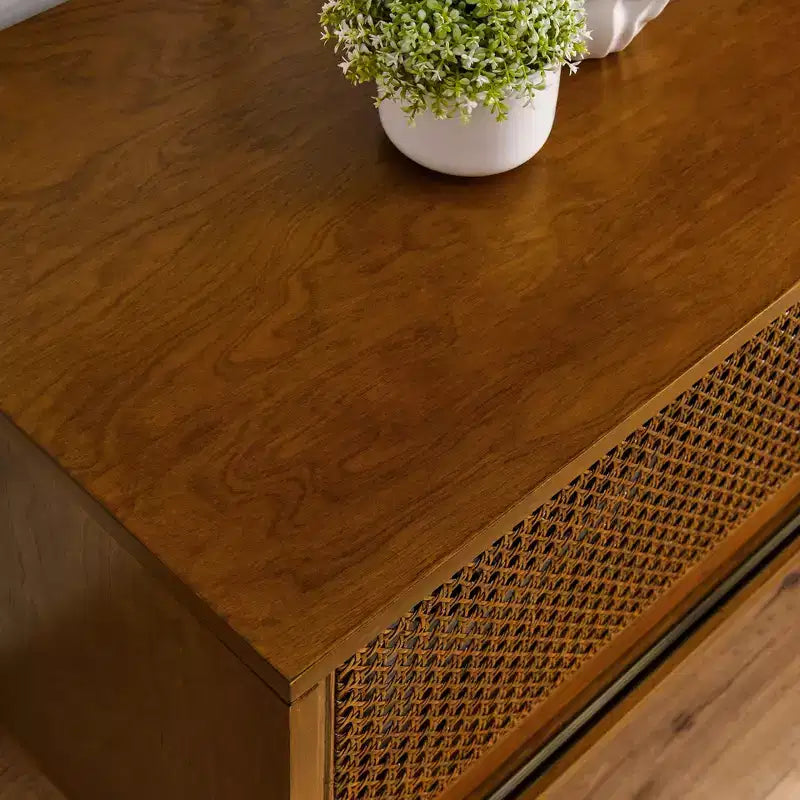 59-inch Mid-Century Modern Rattan Media Console for 65-inch TVs, Solid Wood Base with Rattan Cabinet Doors - Light Wood