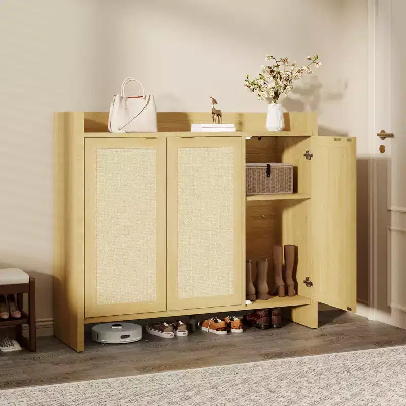 Rattan Shoe Storage Cabinet, Wooden Shoe Rack Organizer Cabinet with 3 Doors and Adjustable Shelves for Entryway Living Room Hallway, Light Oak