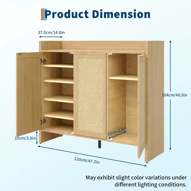 Rattan Shoe Storage Cabinet, Wooden Shoe Rack Organizer Cabinet with 3 Doors and Adjustable Shelves for Entryway Living Room Hallway, Light Oak