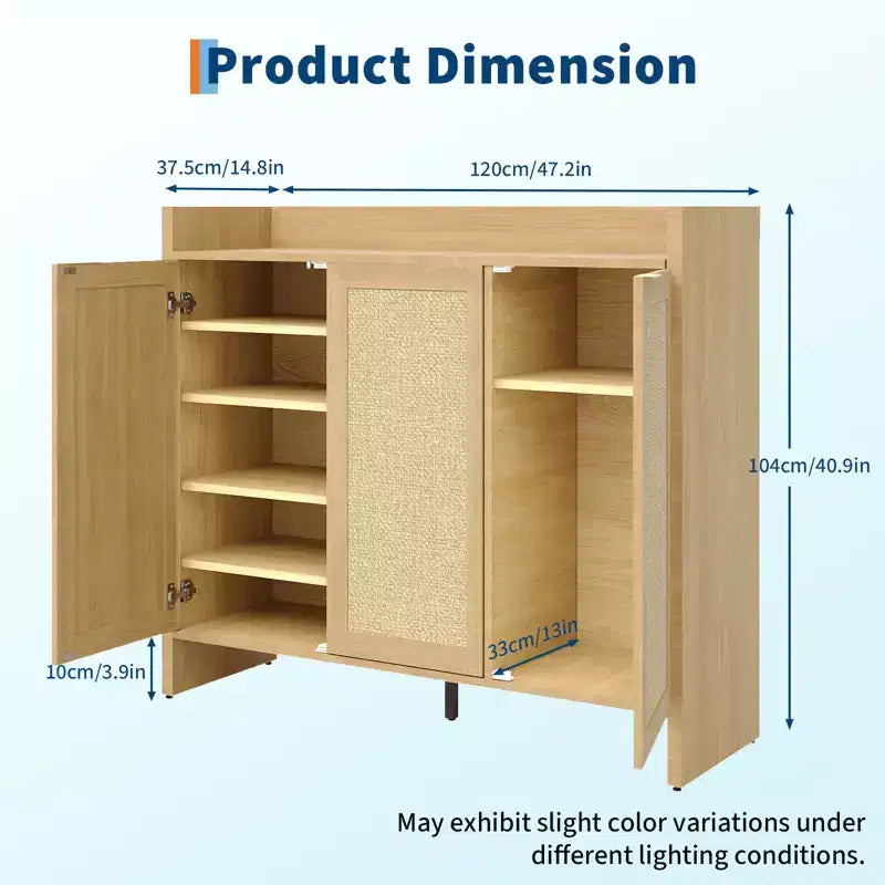 Rattan Shoe Storage Cabinet, Wooden Shoe Rack Organizer Cabinet with 3 Doors and Adjustable Shelves for Entryway Living Room Hallway, Light Oak