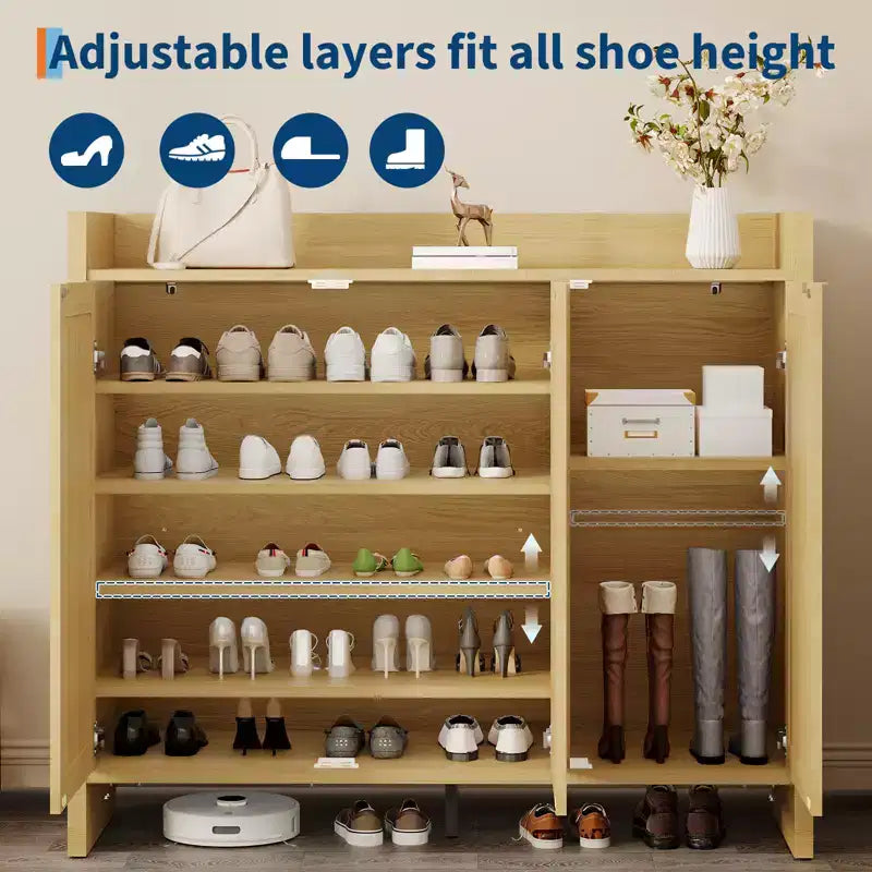 Rattan Shoe Storage Cabinet, Wooden Shoe Rack Organizer Cabinet with 3 Doors and Adjustable Shelves for Entryway Living Room Hallway, Light Oak
