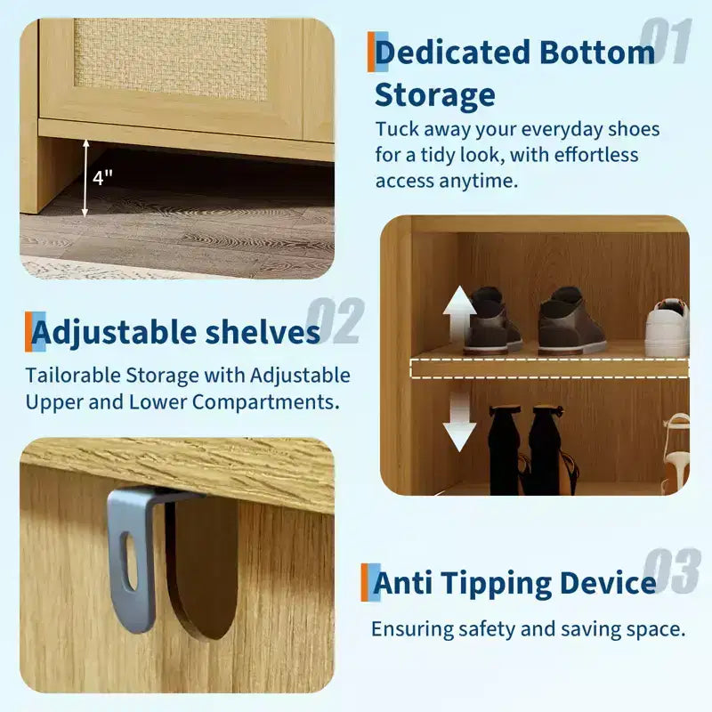 Rattan Shoe Storage Cabinet, Wooden Shoe Rack Organizer Cabinet with 3 Doors and Adjustable Shelves for Entryway Living Room Hallway, Light Oak