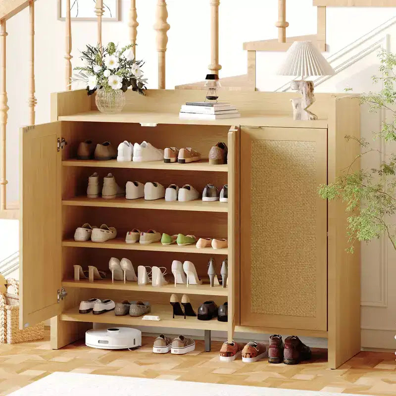 Rattan Shoe Storage Cabinet, Wooden Shoe Rack Organizer Cabinet with 3 Doors and Adjustable Shelves for Entryway Living Room Hallway, Light Oak