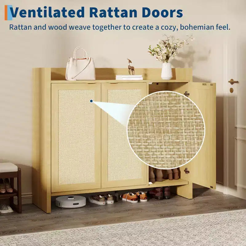 Rattan Shoe Storage Cabinet, Wooden Shoe Rack Organizer Cabinet with 3 Doors and Adjustable Shelves for Entryway Living Room Hallway, Light Oak