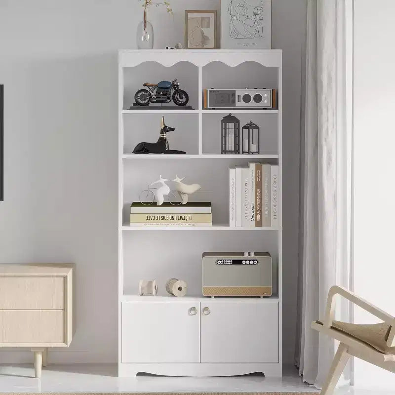 5 Tier Wooden Floor Standing Bookcase, 63 Inch High Display Storage Cabinet, Self Standing Bookcase, Home Office, Study Room, Kitchen
