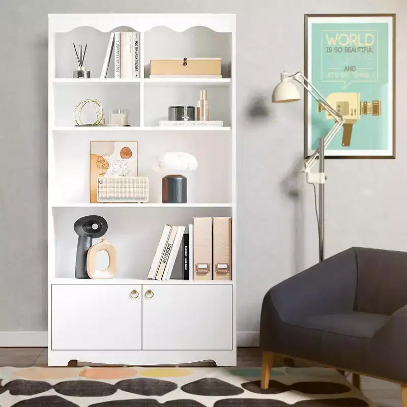 5 Tier Wooden Floor Standing Bookcase, 63 Inch High Display Storage Cabinet, Self Standing Bookcase, Home Office, Study Room, Kitchen