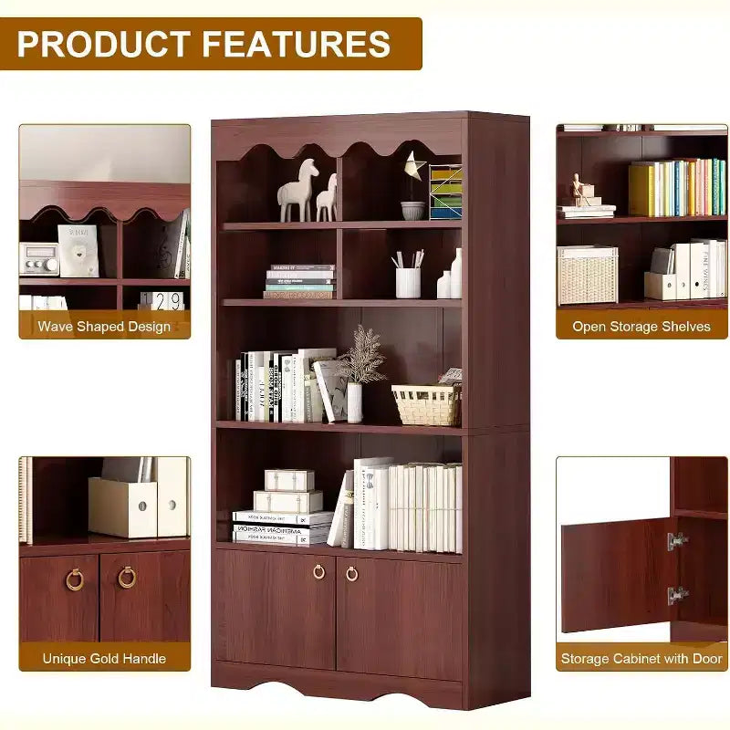 5 Tier Wooden Floor Standing Bookcase, 63 Inch High Display Storage Cabinet, Self Standing Bookcase, Home Office, Study Room, Kitchen