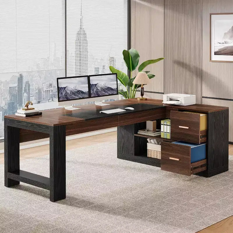 78 L-Shaped Executive Desk with Drawers, Large Corner Computer Desk with Cabinet