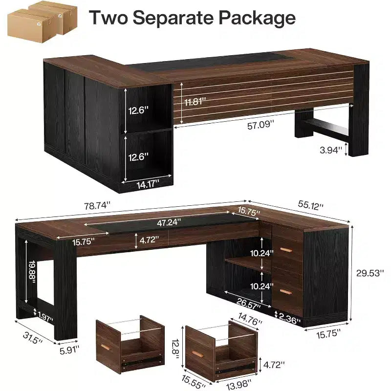 78 L-Shaped Executive Desk with Drawers, Large Corner Computer Desk with Cabinet